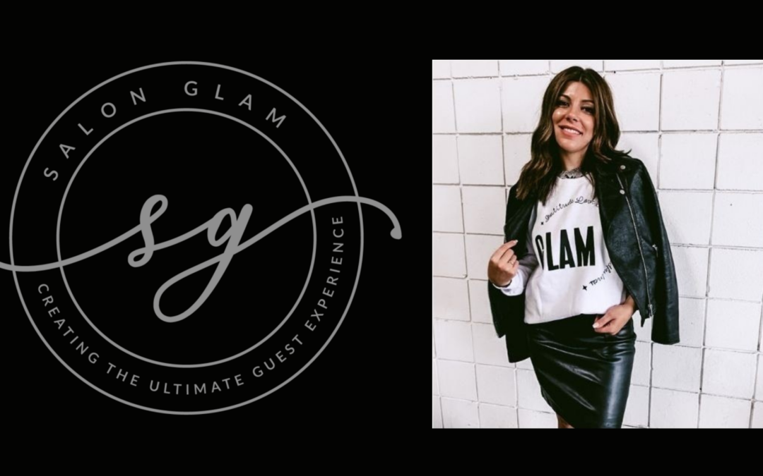 Salon Glam Logo w/ Founder Rosanna standing with black jacket white background