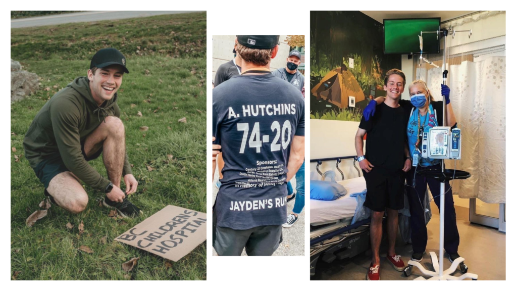 3 photos: jayden w/ sign, back Of run t-shirt & jayden w/ nurse & IV pole